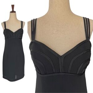 Vintage 90s Item Black Mini Empire Slip Dress Gaultier Ribbon Bust Strappy sz 8